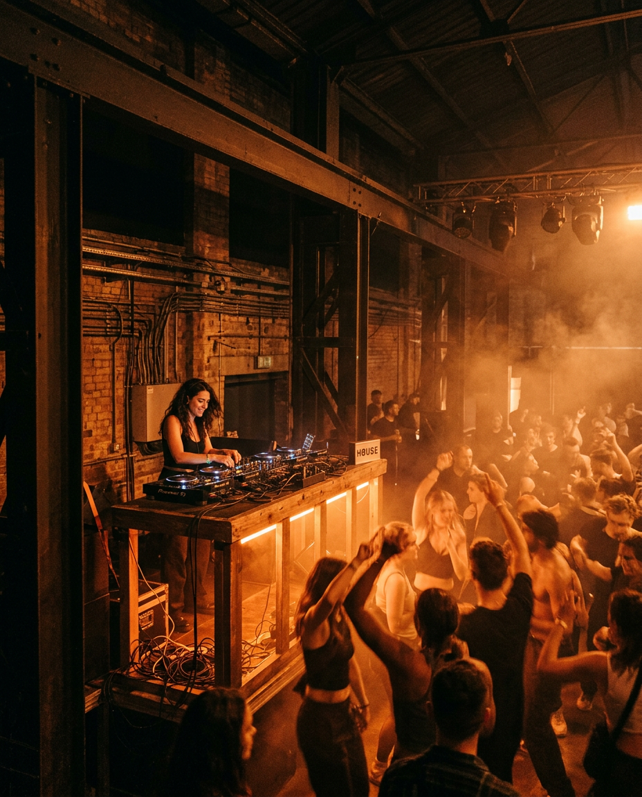 A DJ booth glowing amber inside a converted warehouse