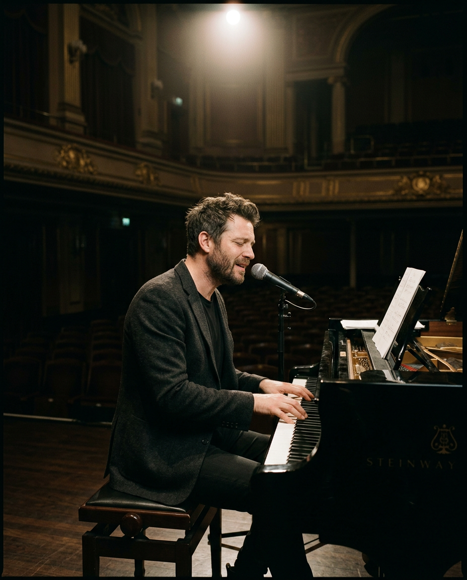 A singer at a grand piano under a single spotlight in a dark concert hall