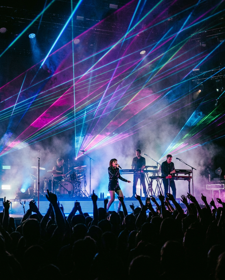 A band on a vast stage beneath sweeping blue and magenta laser light