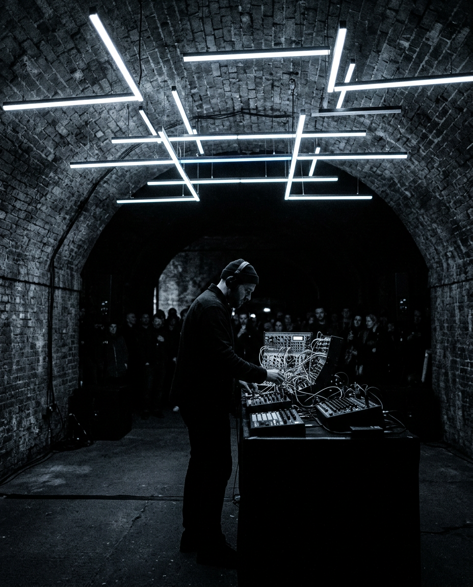 A lone figure behind modular synthesisers beneath a grid of white light in brick arches