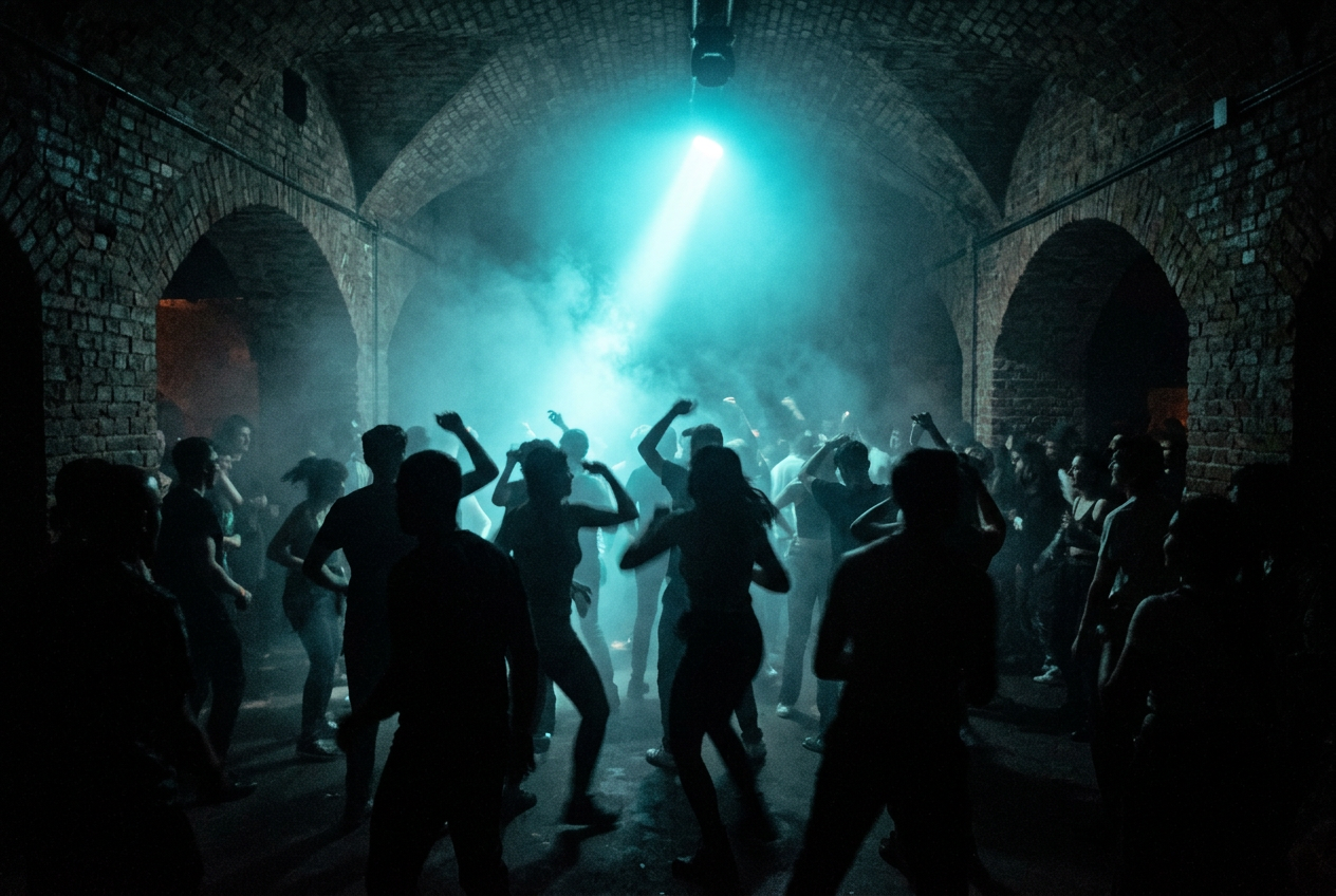 Dancers moving through haze and coloured light on a club floor