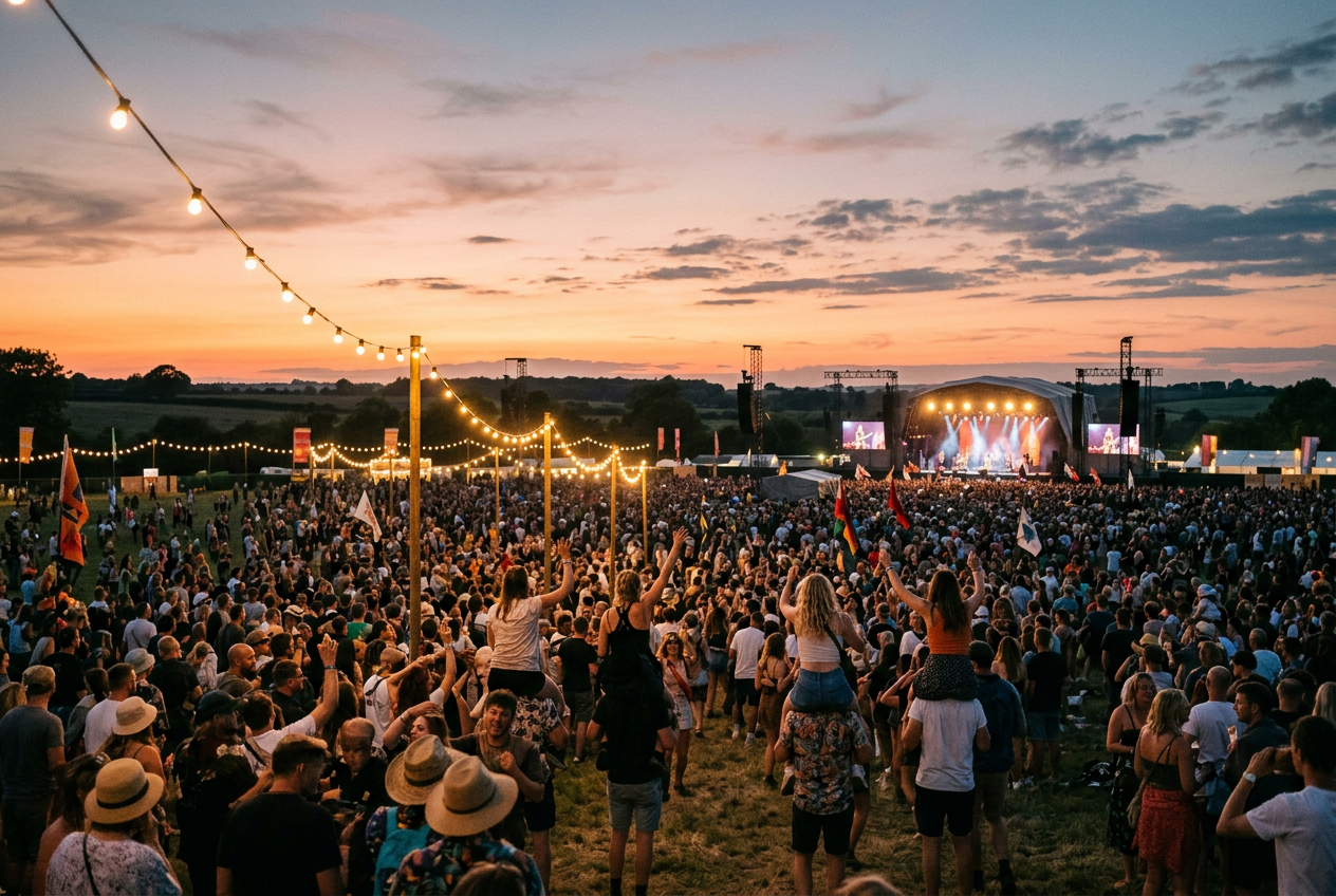 A festival crowd at golden hour in front of a large outdoor stage