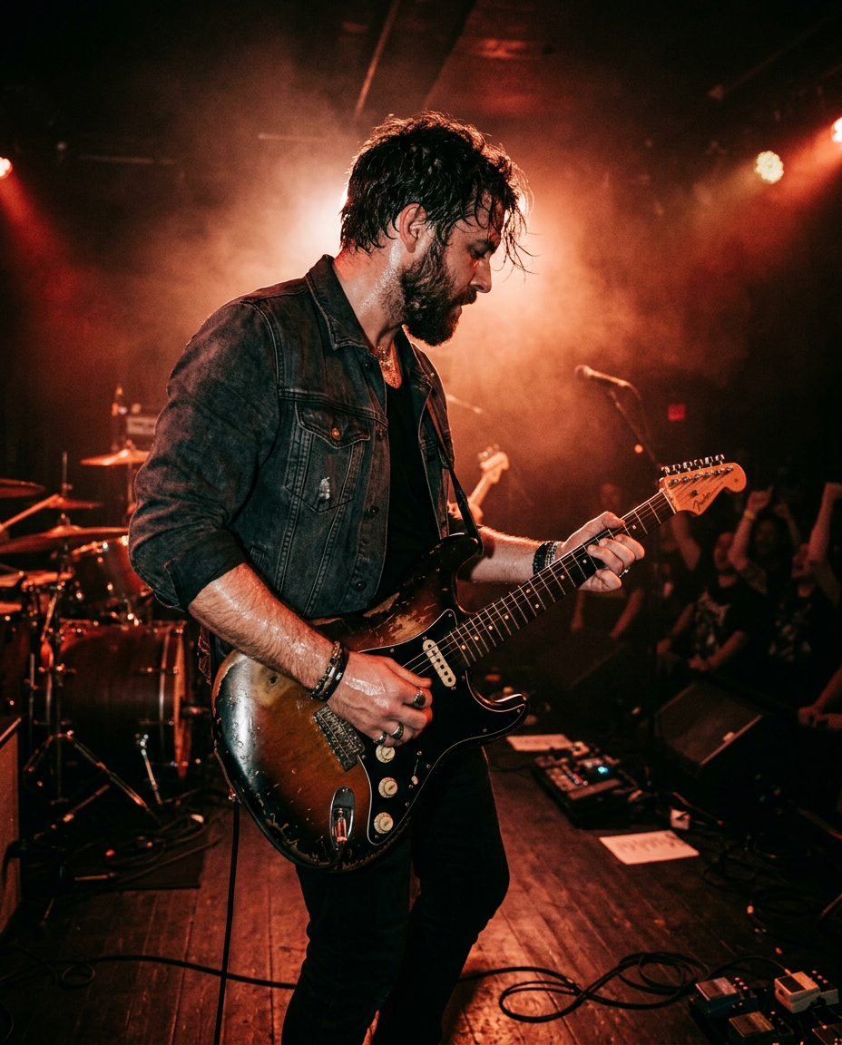 A guitarist silhouetted against warm stage light